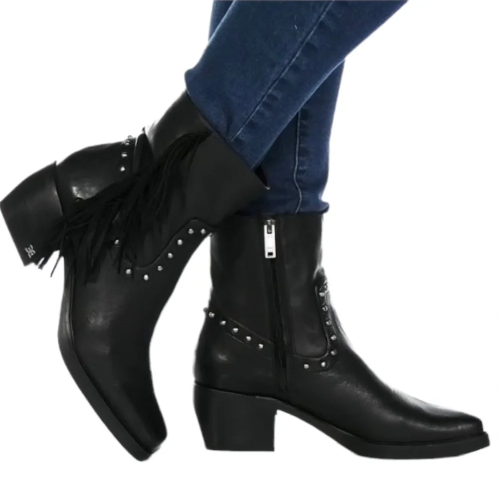 Sam‎ Edelman Bernie Leather Fringe Studded Black Booties Size 6 Women